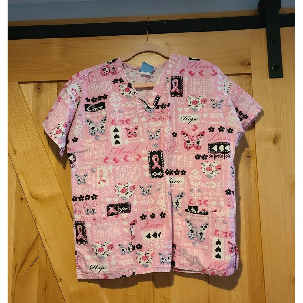 SCRUB HQ Medium Scrub Top Pink Breast Cancer Medical. Hope Love Care Butterfly